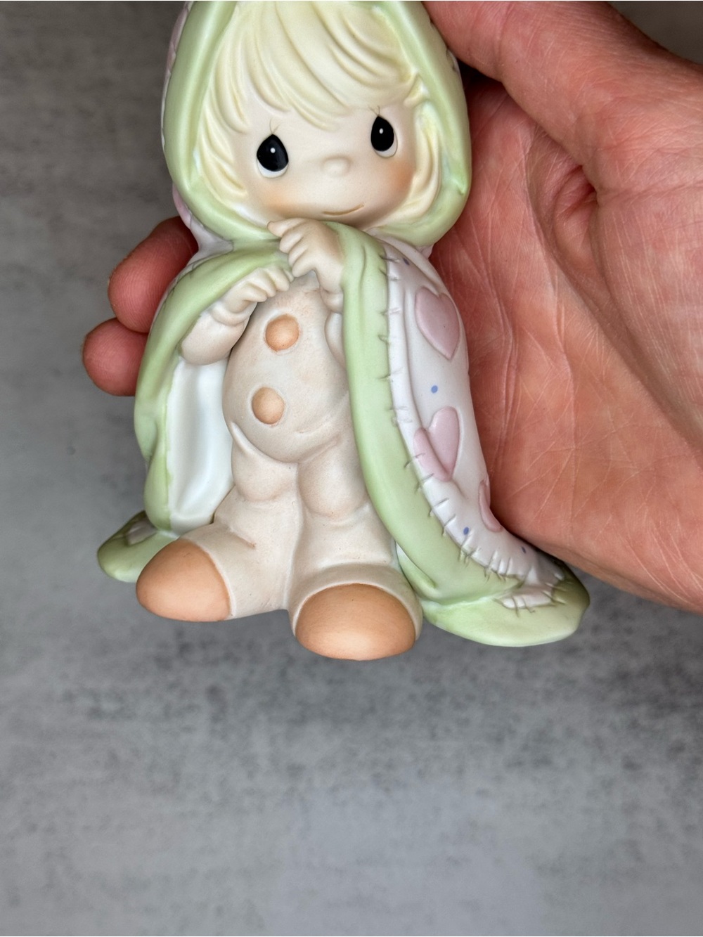 Porcelain Figurine with Pastel Green Hooded Blanket